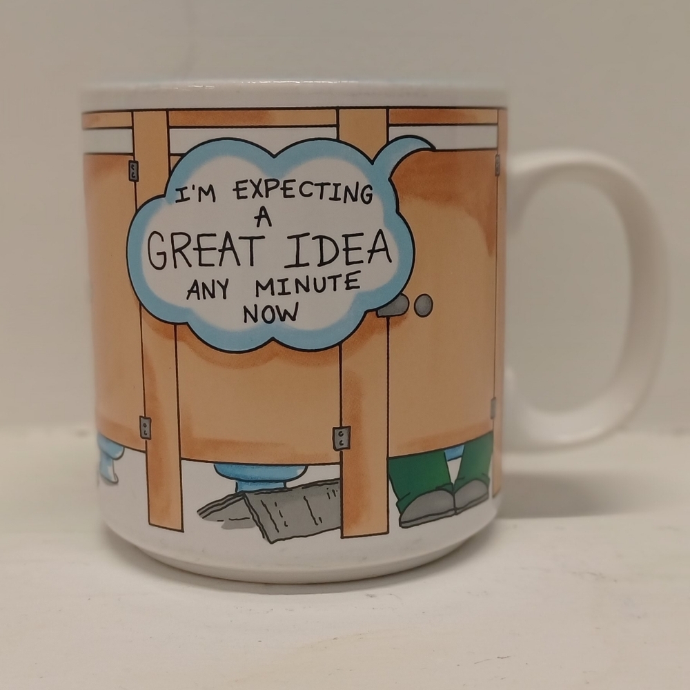 Vintage Russ Berrie "Expecting A Great Idea Bathroom" 12oz Coffee Mug Cup